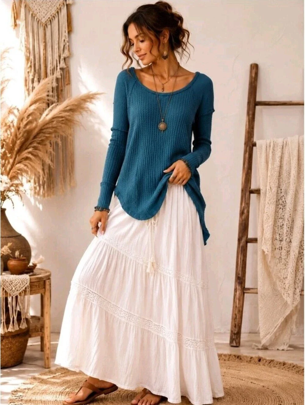 Free People Ventura Top Sz S Thermal Waffle Long Sleeve High Low Tunic Green #CC